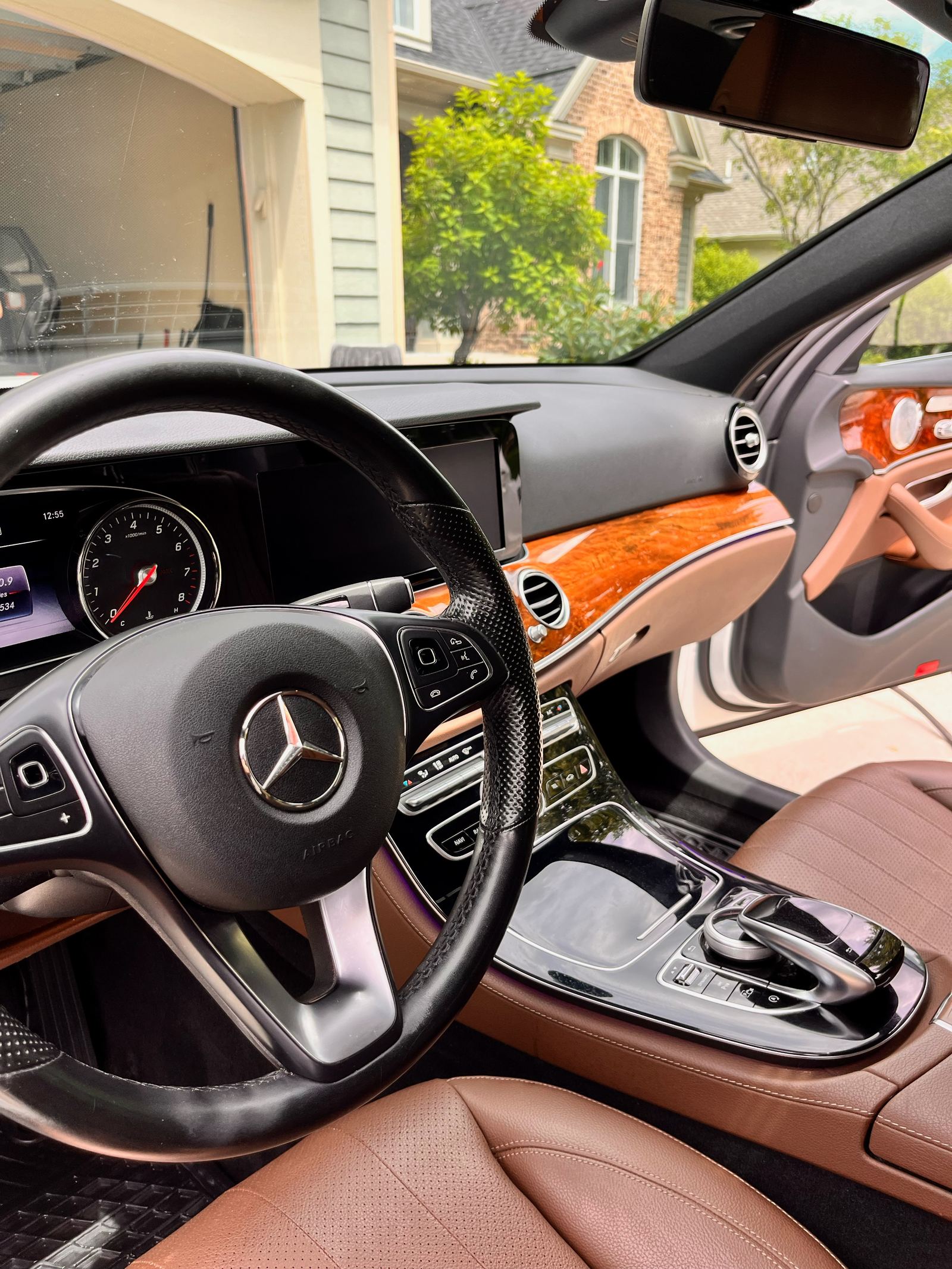 Mercedes interior wood trim and steering wheel detail